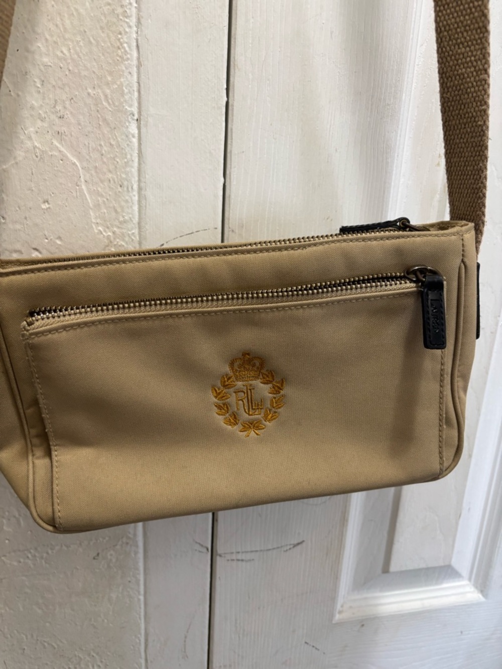 Vintage Ralph Lauren Tan Crest Embroidered crossbody bag.